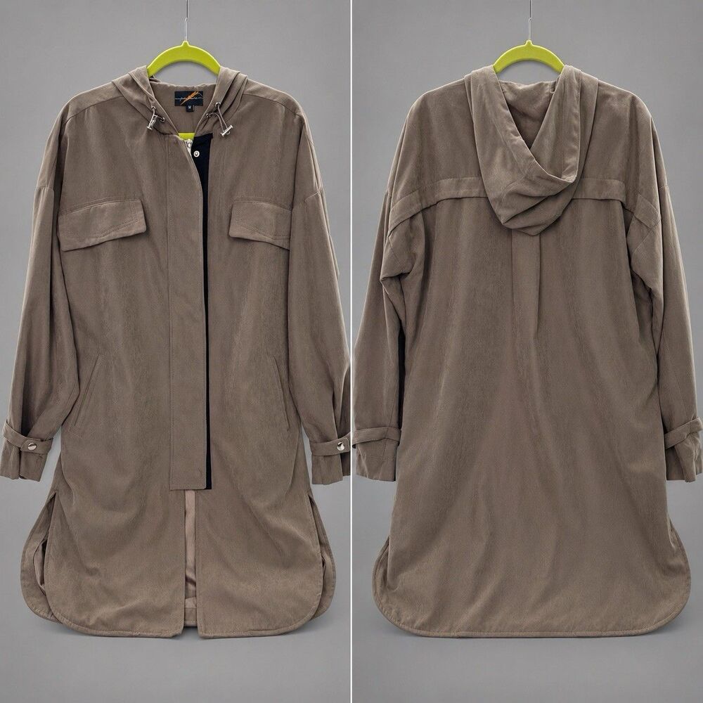 Jane + One Womenβs M Hooded Utility Jacket Taupe Longline Zip Lightweight Coat